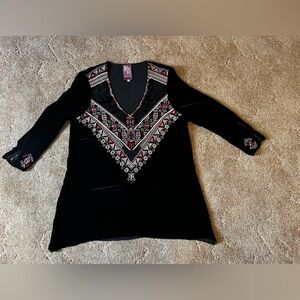 Johnny Was Black Velvet Tunic with Pink and White Geometric Embroidery
